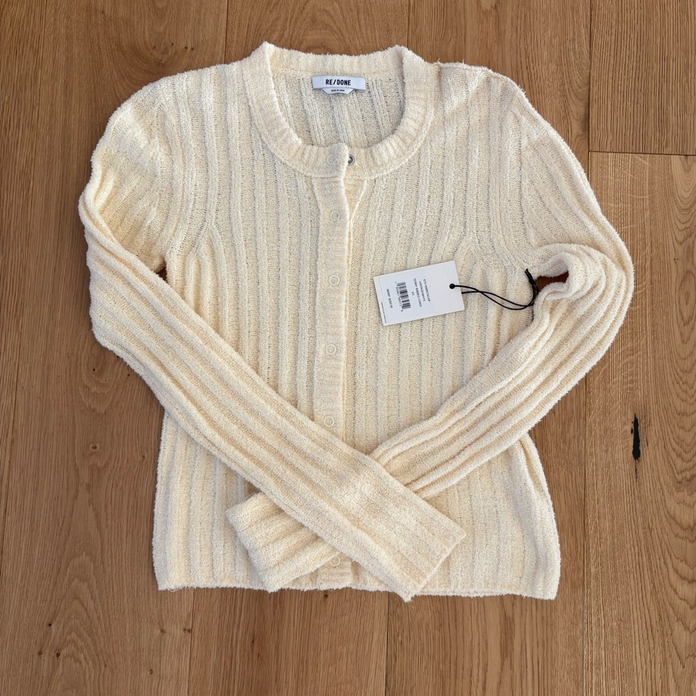 Re/Done Vintage White Terry Ribbed Cardigan Sweater